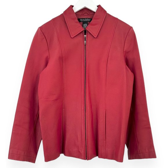 Vintage Dialogue Cherry Red Genuine Leather Zip Up Jacket sz M - Picture 1 of 5